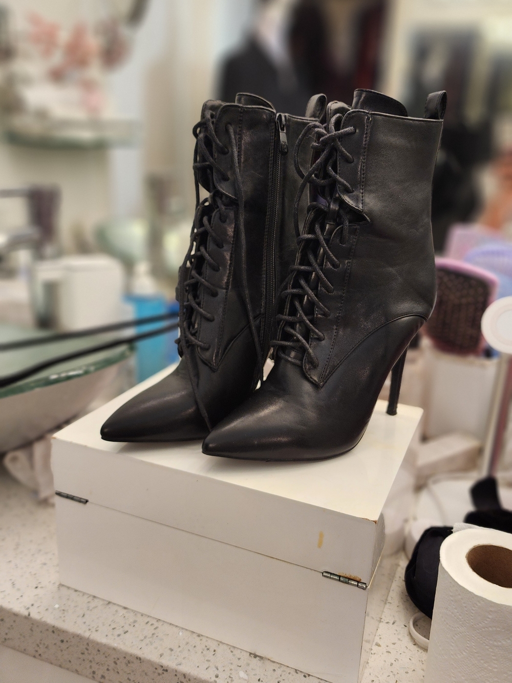 Black Lace-Up Pointed-Toe Stiletto Ankle Boots - Women's Fashion